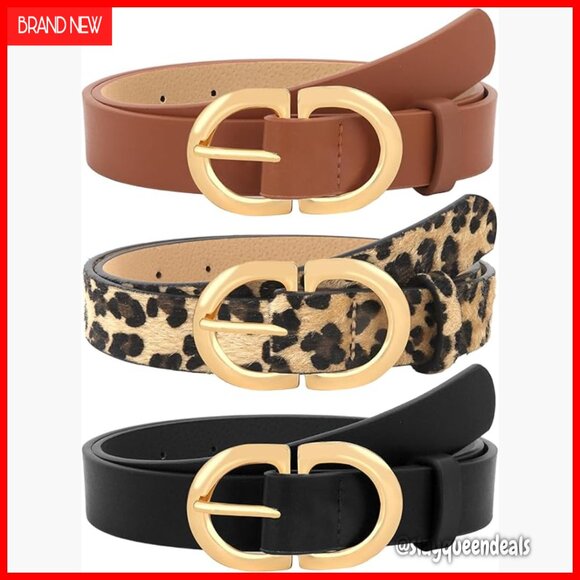 3 Pack Faux Leather Belts with Gold Buckle for Women Jeans Dresses